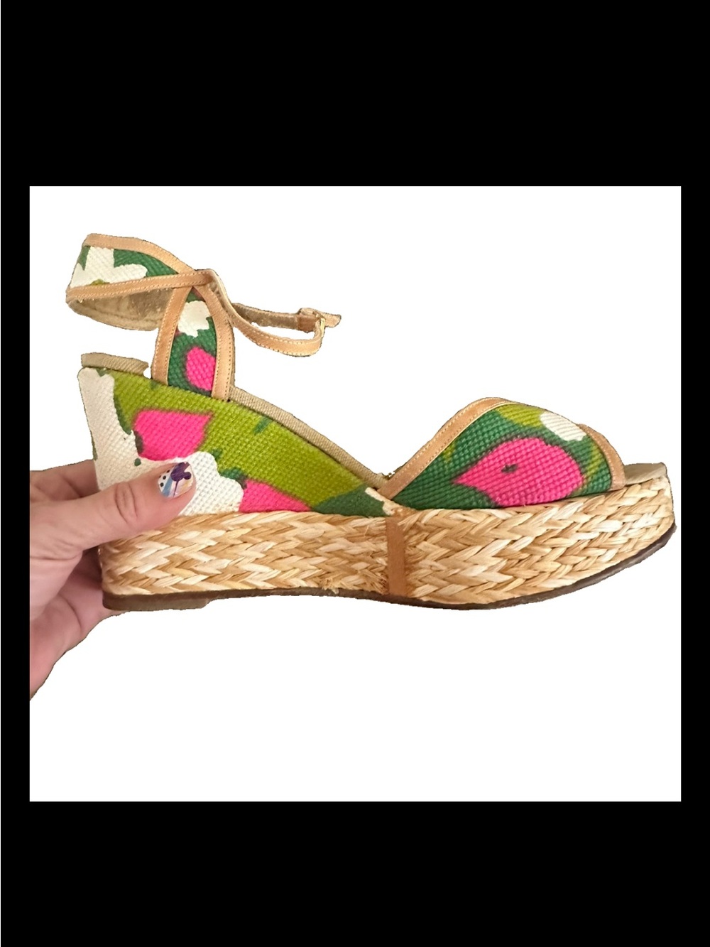 kate spade Pink Green Floral Wedge Espadrille Sandal Heels Vtg Preppy Rare SZ 9